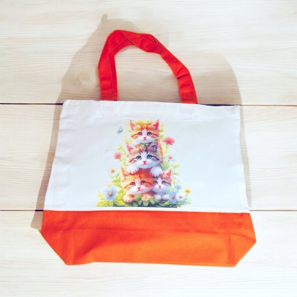 Large Canvas Tote Bag with Stack of Kittens Art | Hand Pressed | 17”x14” | New - Picture 2 of 4